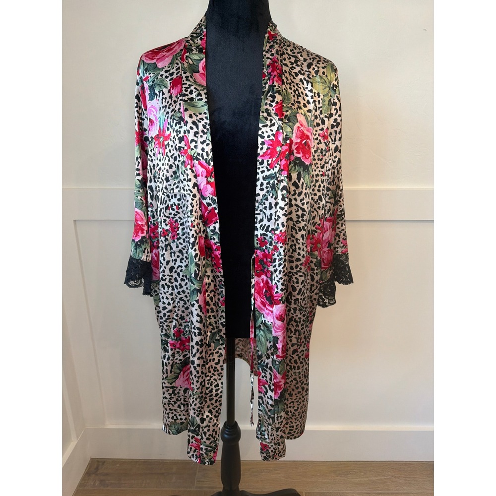 Linea Donatella Leopard Floral Print Kimono Robe Black Lace Trim Size S - Picture 2 of 7